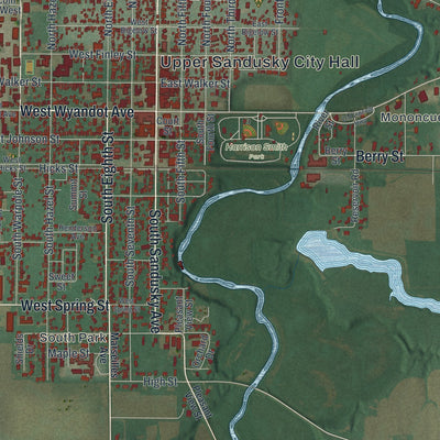 Close-up of the map of Upper Sandusky, Ohio print showing street and building detail