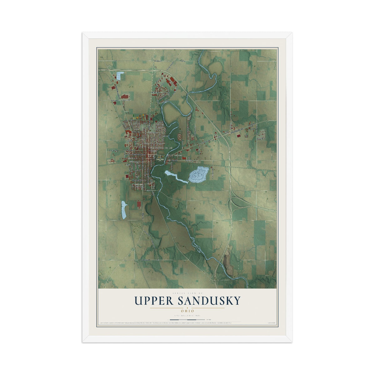 Map of Upper Sandusky, Ohio, 12 x 18 inch print in a white wood frame