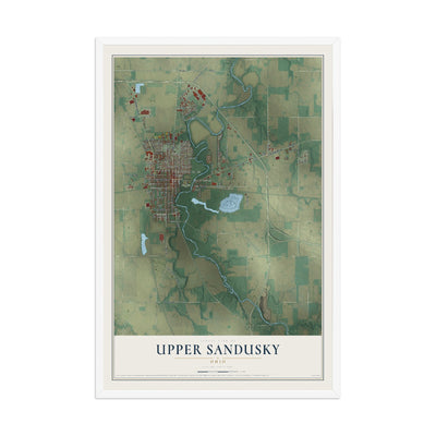 Map of Upper Sandusky, Ohio, 12 x 18 inch print in a white wood frame