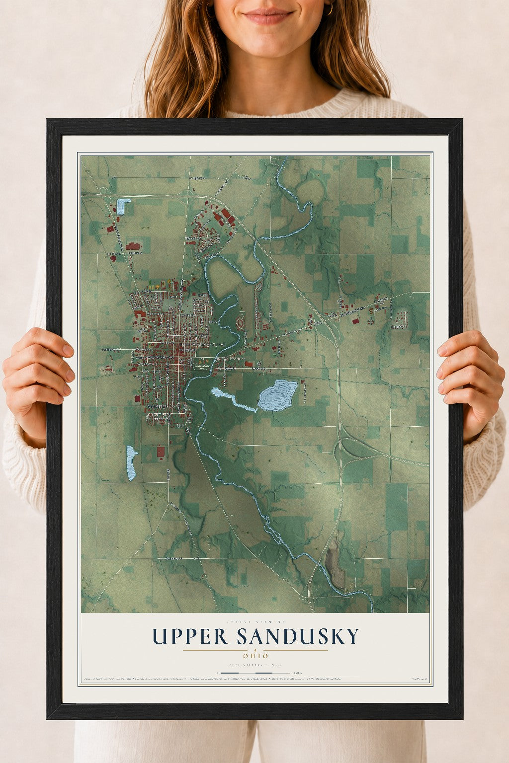 Map of Upper Sandusky, Ohio, 18 x 24 inch print in a black wood frame