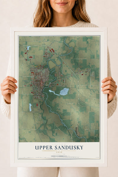 Map of Upper Sandusky, Ohio, 18 x 24 inch print in a white wood frame