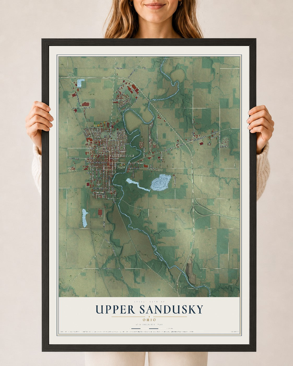 Map of Upper Sandusky, Ohio, 24 x 36 inch print in a black wood frame