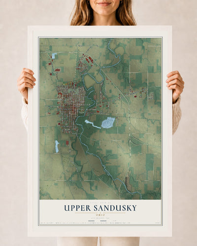 Map of Upper Sandusky, Ohio, 24 x 36 inch print in a white wood frame