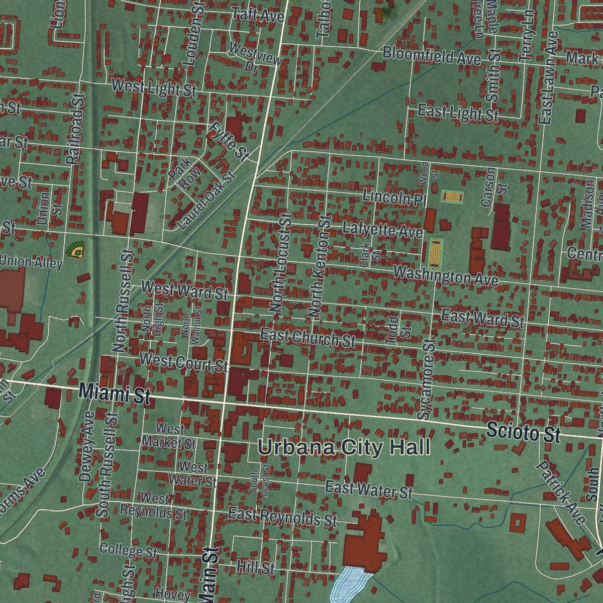 Close-up of the map of Urbana, Ohio print showing street and building detail