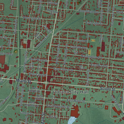 Close-up of the map of Urbana, Ohio print showing street and building detail