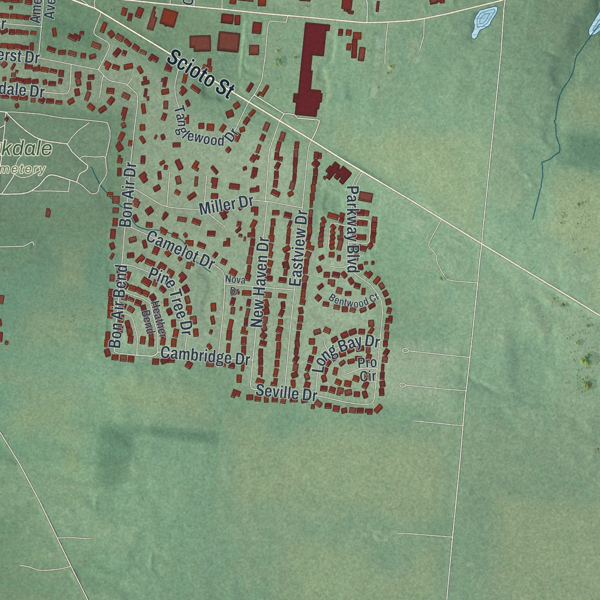 Second close-up of the map of Urbana, Ohio print showing more streets and buildings