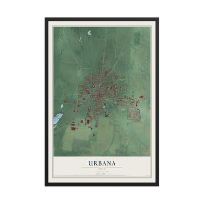 Map of Urbana, Ohio, 12 x 18 inch print in a black wood frame
