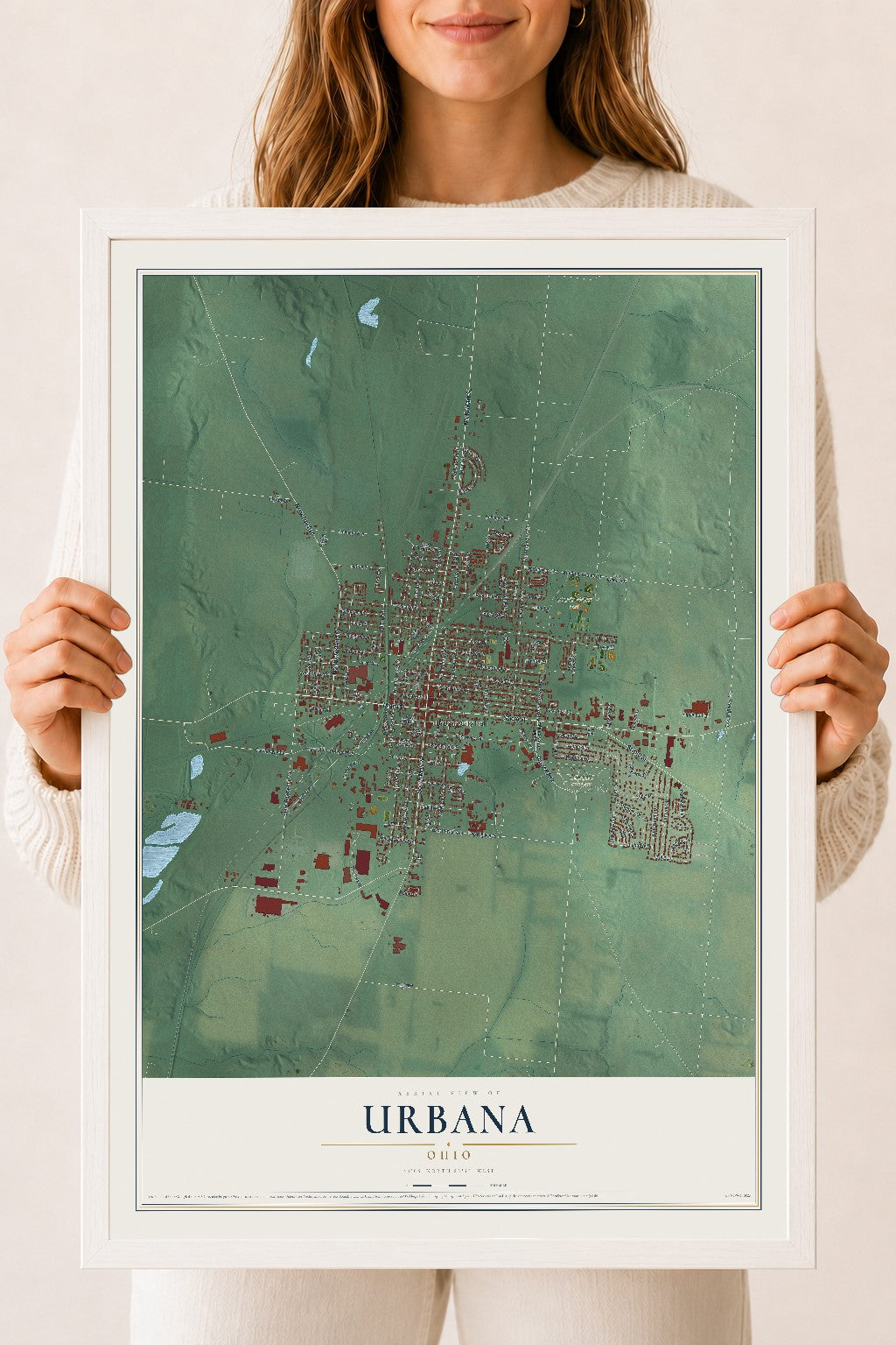 Map of Urbana, Ohio, 18 x 24 inch print in a white wood frame