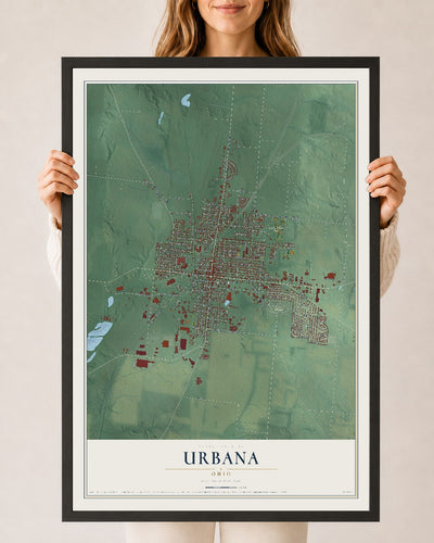 Map of Urbana, Ohio, 24 x 36 inch print in a black wood frame