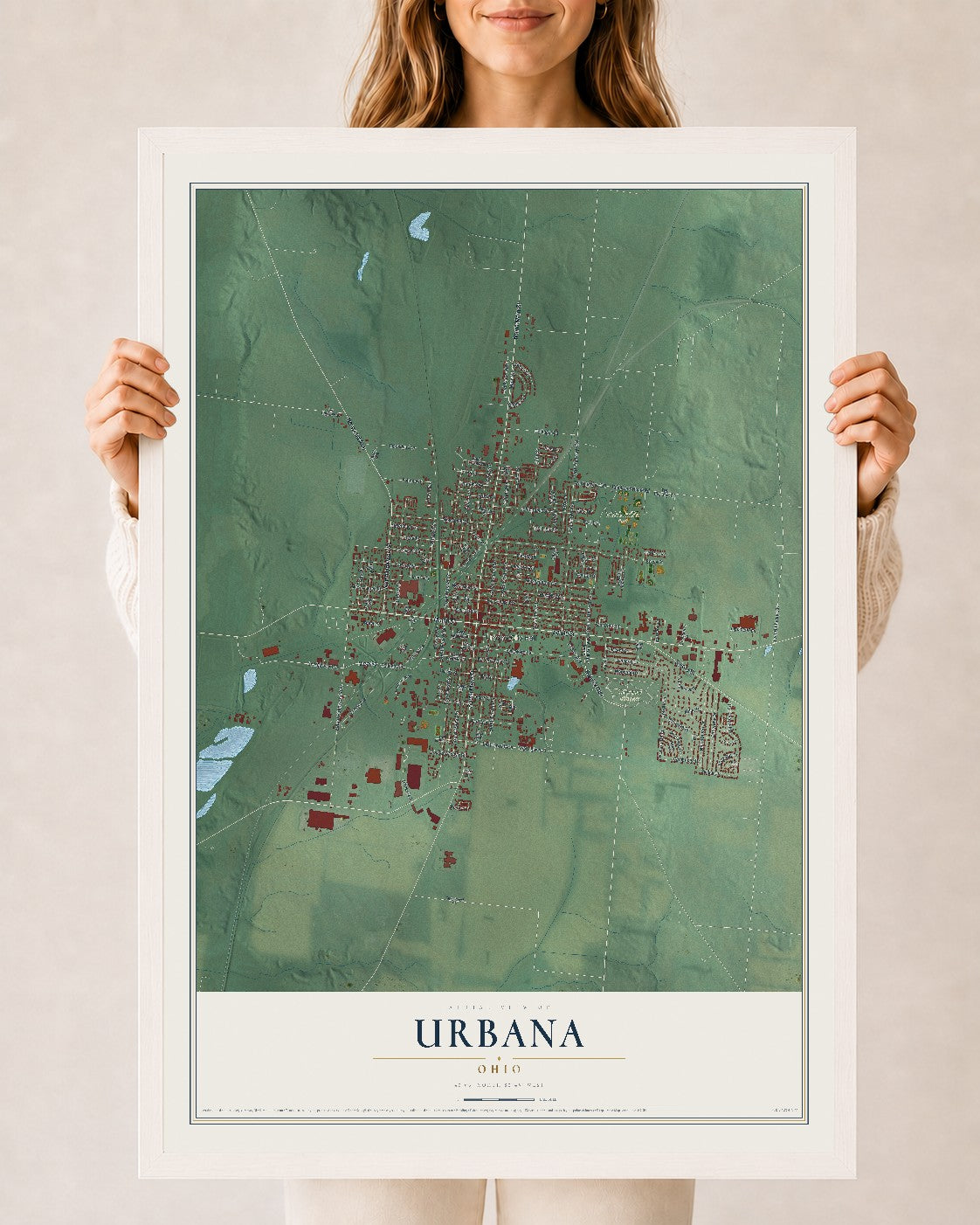 Map of Urbana, Ohio, 24 x 36 inch print in a white wood frame