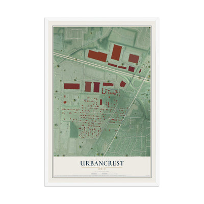 Map of Urbancrest, Ohio, 12 x 18 inch print in a white wood frame