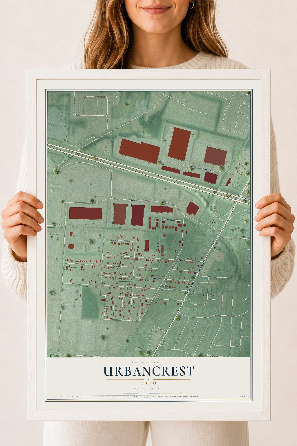 Map of Urbancrest, Ohio, 18 x 24 inch print in a white wood frame