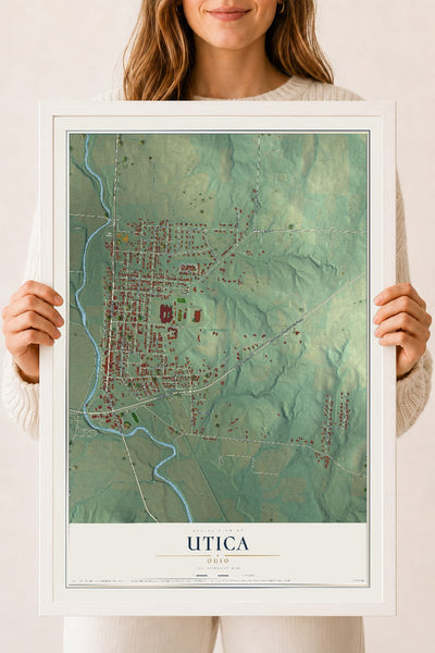 Map of Utica, Ohio, 18 x 24 inch print in a white wood frame
