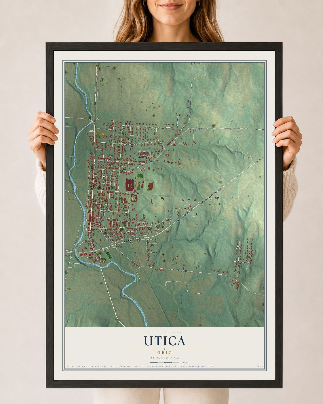 Map of Utica, Ohio, 24 x 36 inch print in a black wood frame