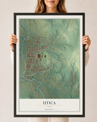 Map of Utica, Ohio, 24 x 36 inch print in a black wood frame