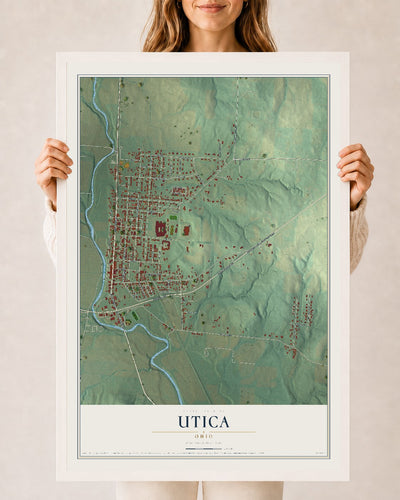 Map of Utica, Ohio, 24 x 36 inch print in a white wood frame