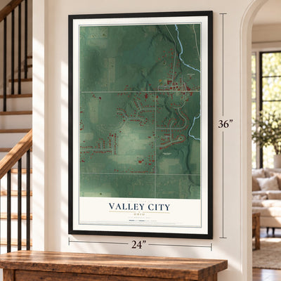 Valley City, Ohio map, 24 x 36 inch print in a black frame by a staircase