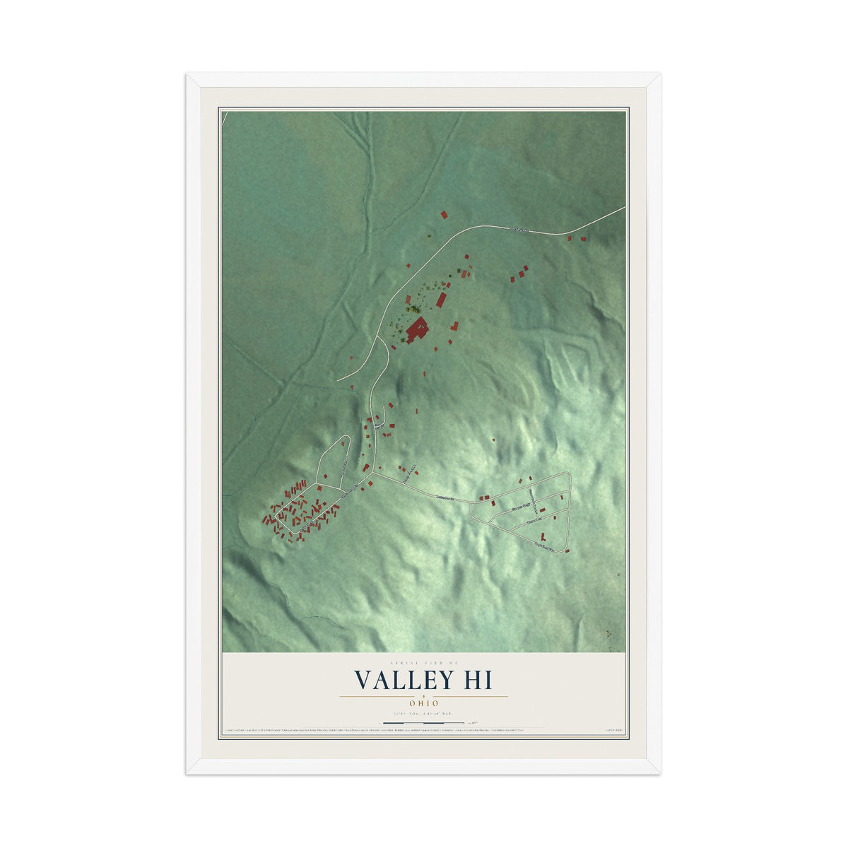 Map of Valley Hi, Ohio, 12 x 18 inch print in a white wood frame