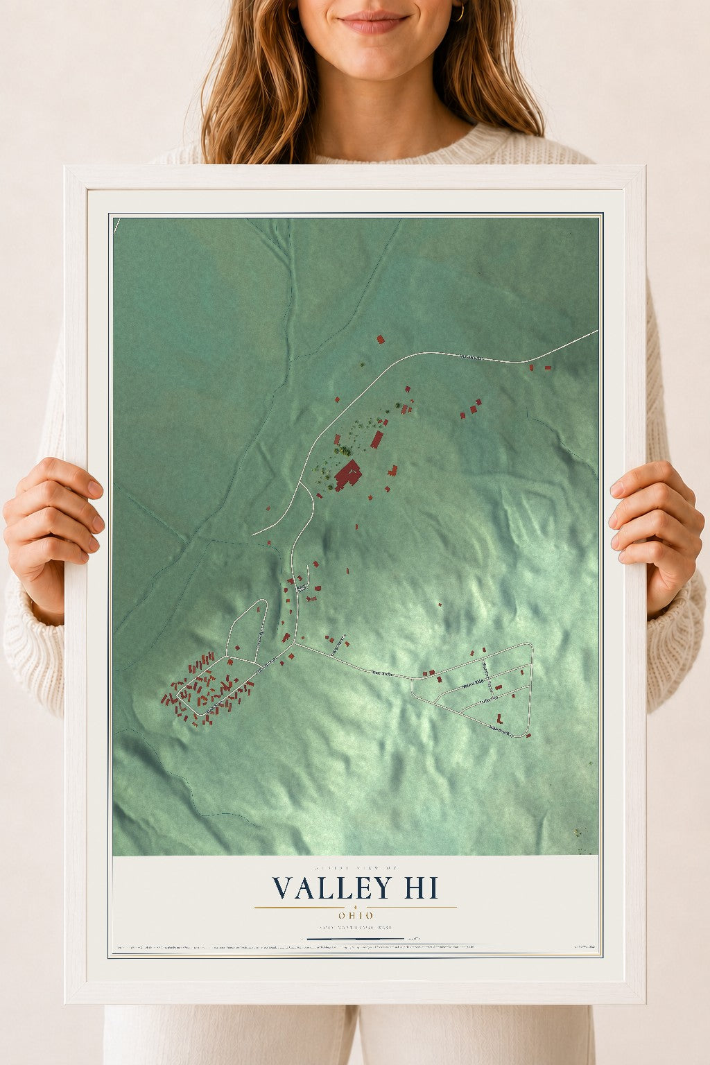 Map of Valley Hi, Ohio, 18 x 24 inch print in a white wood frame
