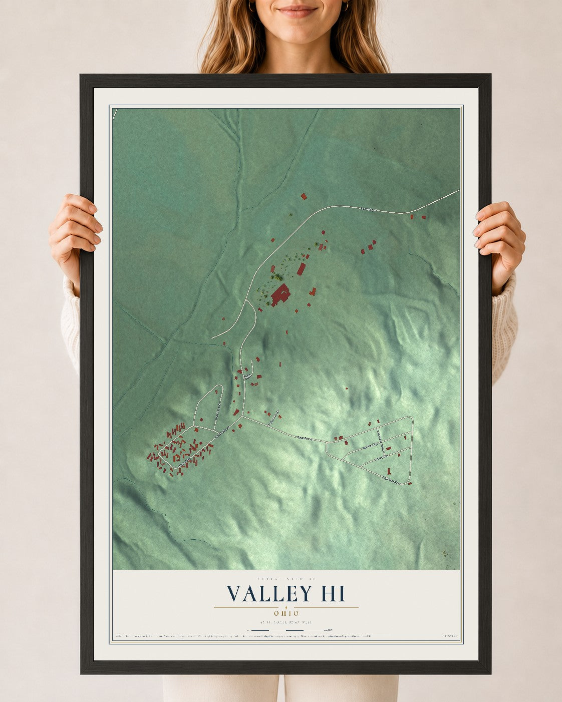 Map of Valley Hi, Ohio, 24 x 36 inch print in a black wood frame