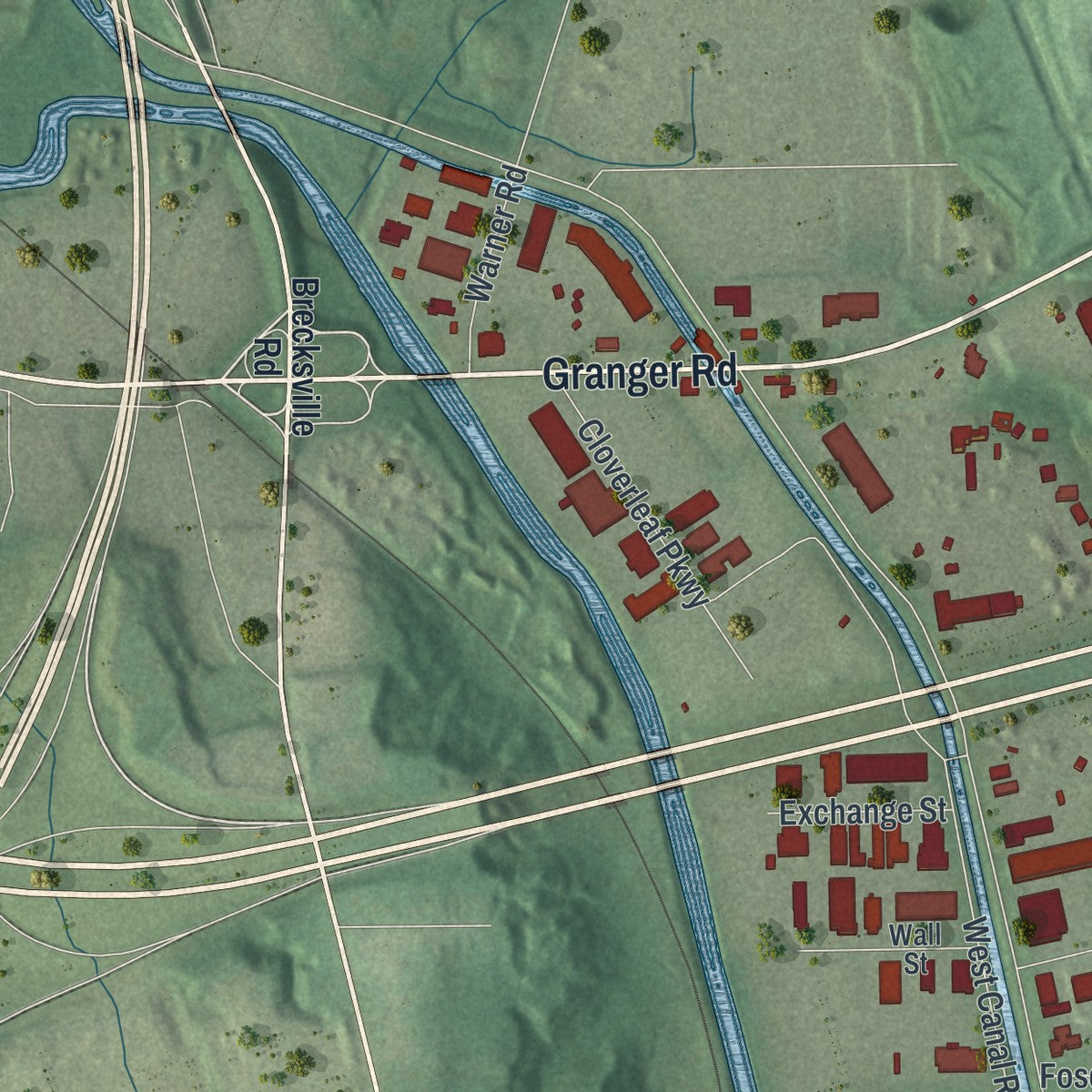 Close-up of the map of Valley View, Ohio print showing street and building detail