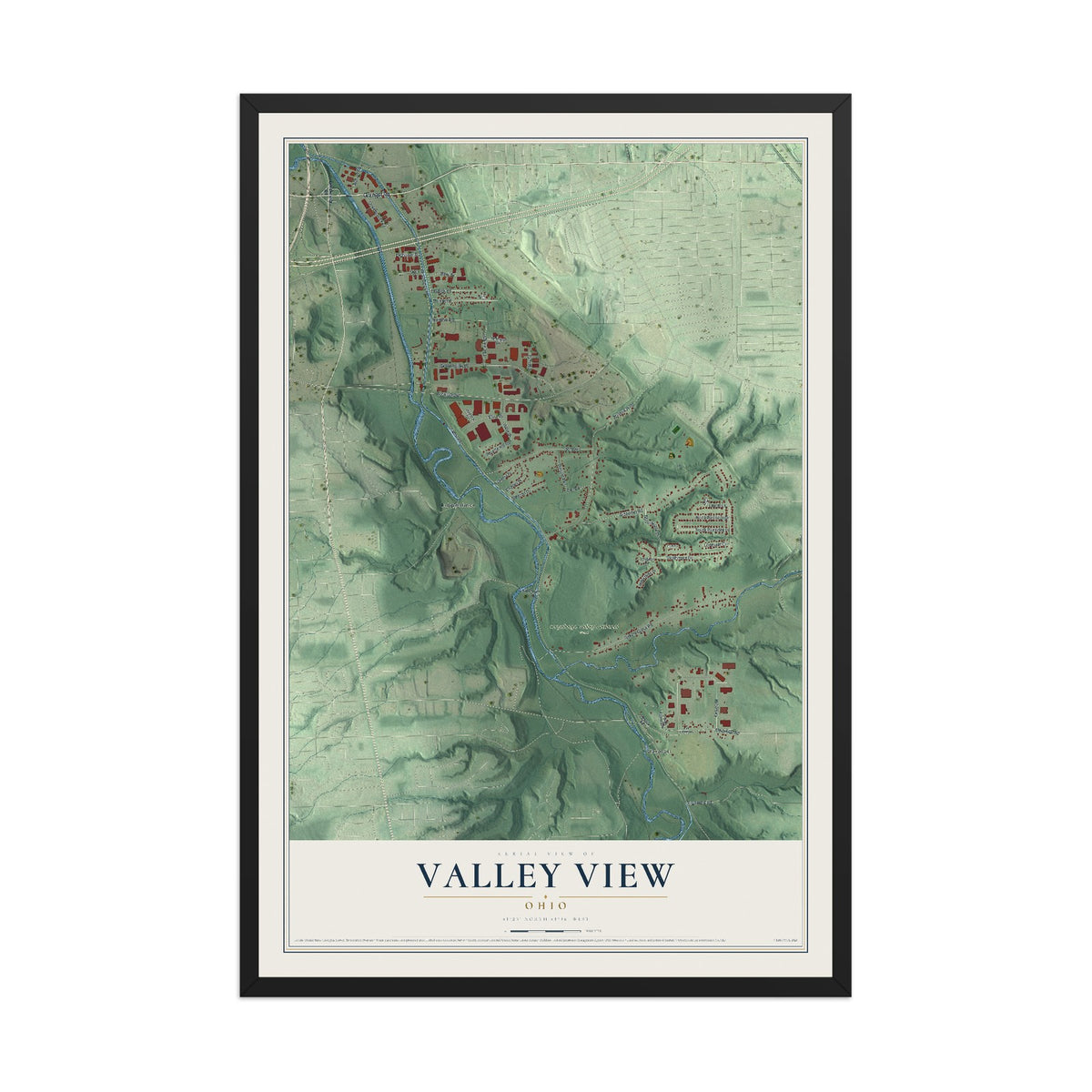 Map of Valley View, Ohio, 12 x 18 inch print in a black wood frame