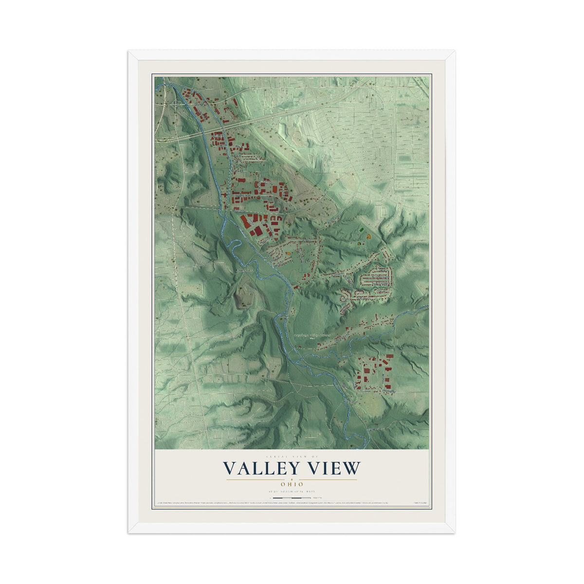 Map of Valley View, Ohio, 12 x 18 inch print in a white wood frame