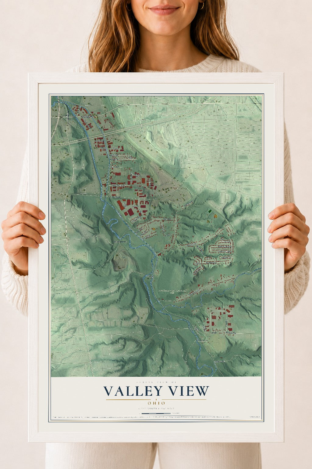 Map of Valley View, Ohio, 18 x 24 inch print in a white wood frame