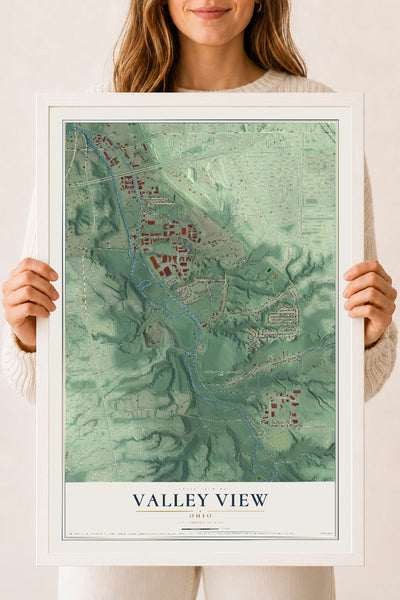 Map of Valley View, Ohio, 18 x 24 inch print in a white wood frame