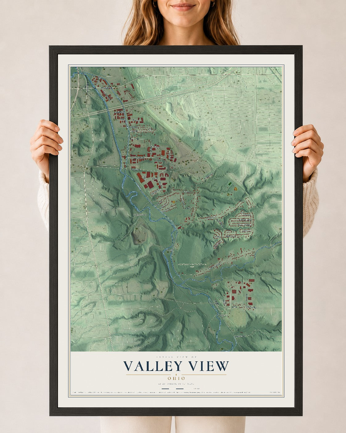 Map of Valley View, Ohio, 24 x 36 inch print in a black wood frame