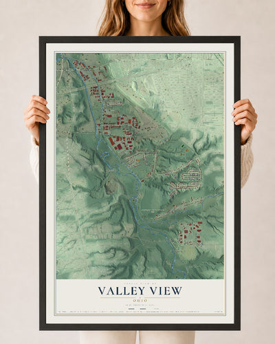 Map of Valley View, Ohio, 24 x 36 inch print in a black wood frame