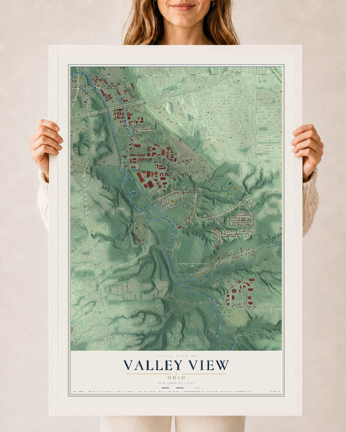 Map of Valley View, Ohio, 24 x 36 inch print in a white wood frame