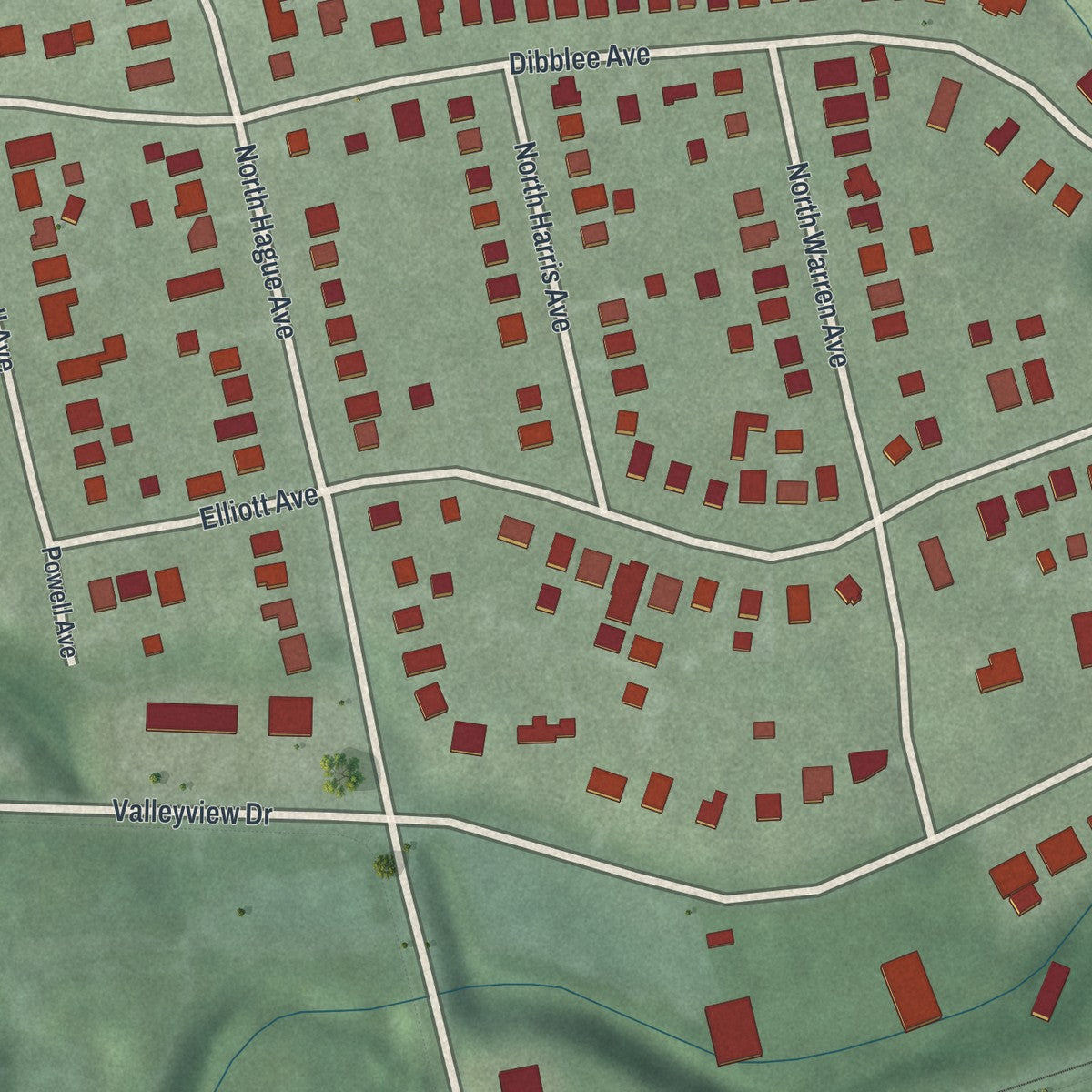 Close-up of the map of Valleyview, Ohio print showing street and building detail