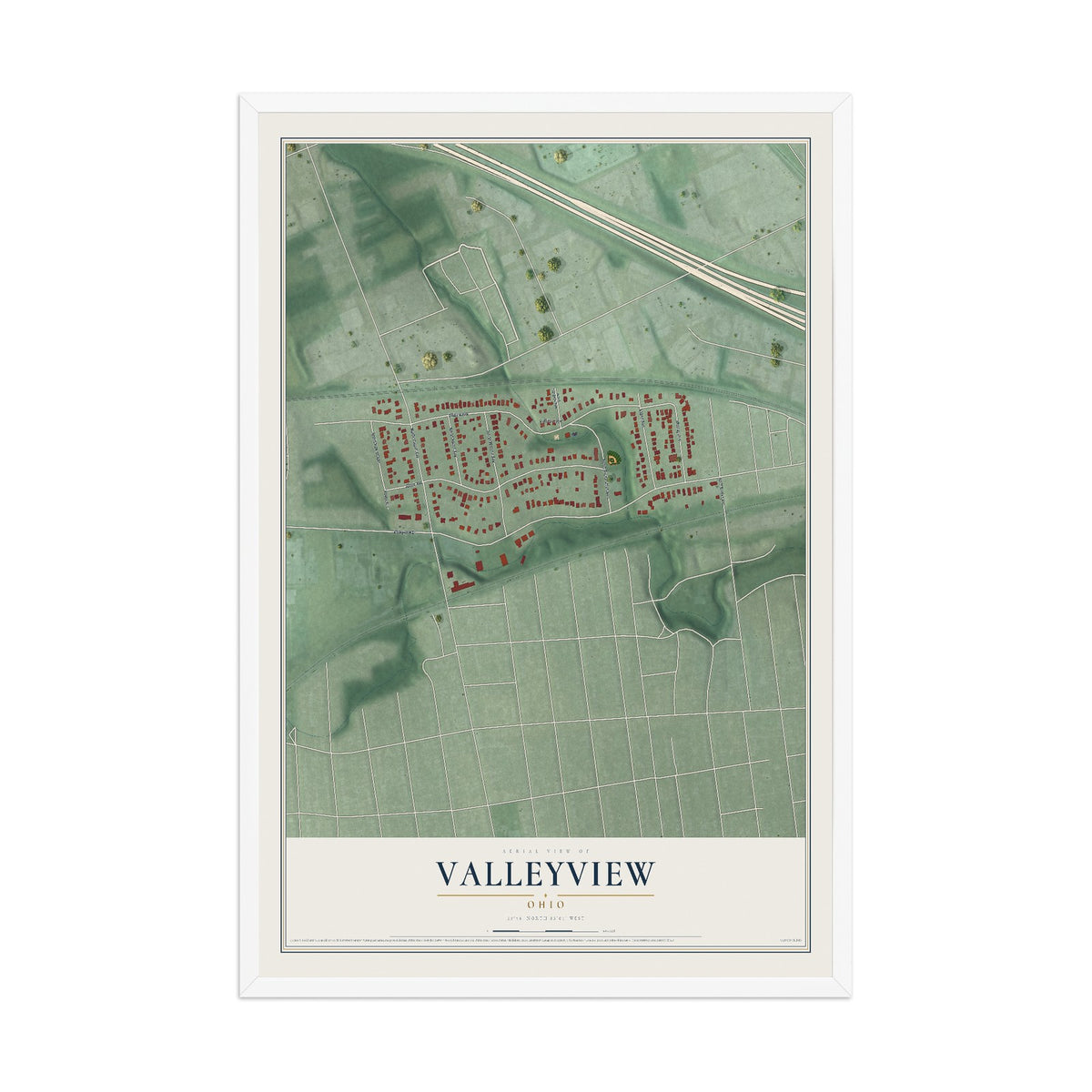 Map of Valleyview, Ohio, 12 x 18 inch print in a white wood frame