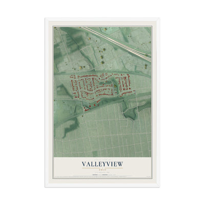 Map of Valleyview, Ohio, 12 x 18 inch print in a white wood frame
