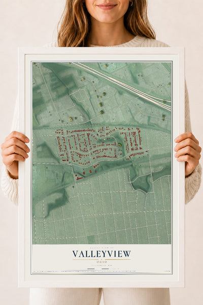 Map of Valleyview, Ohio, 18 x 24 inch print in a white wood frame