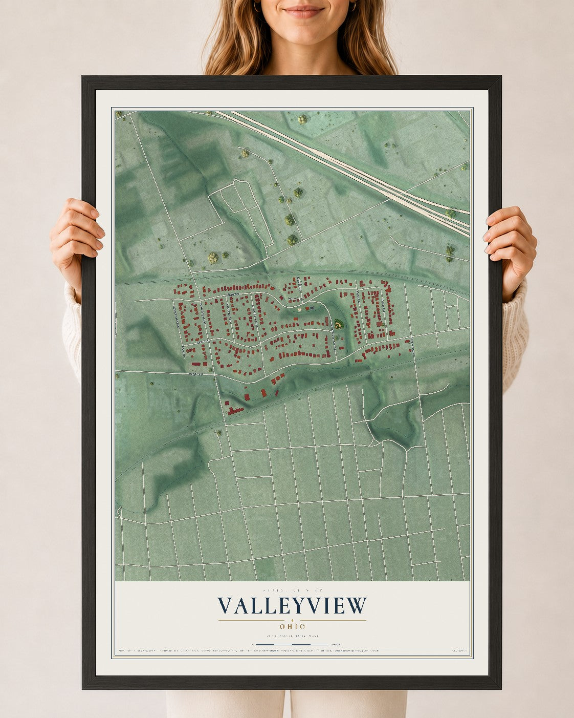 Map of Valleyview, Ohio, 24 x 36 inch print in a black wood frame