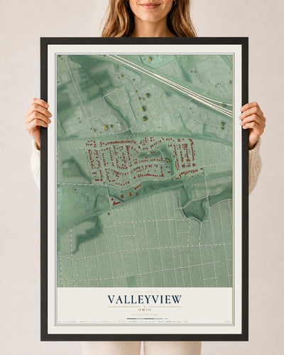 Map of Valleyview, Ohio, 24 x 36 inch print in a black wood frame