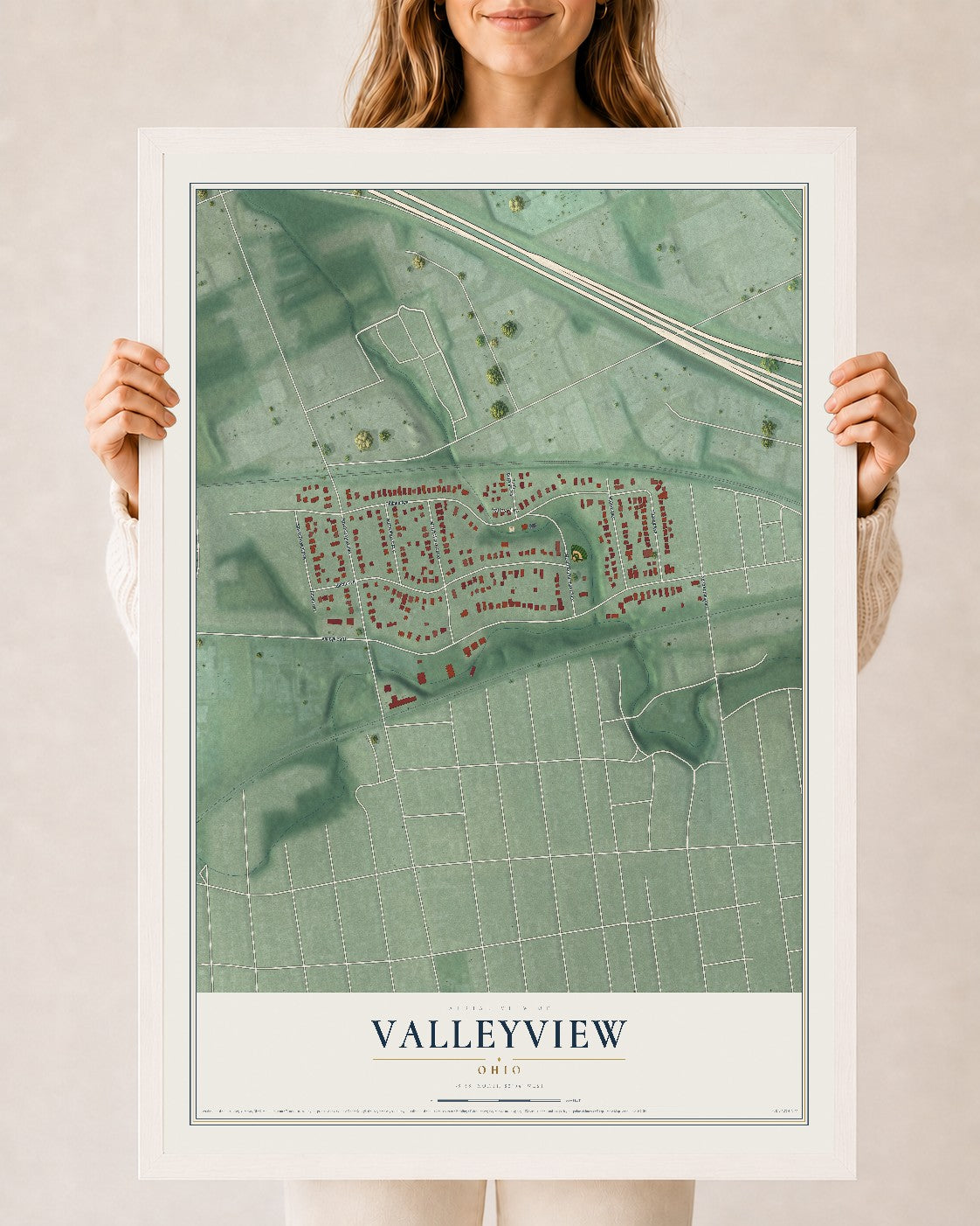 Map of Valleyview, Ohio, 24 x 36 inch print in a white wood frame