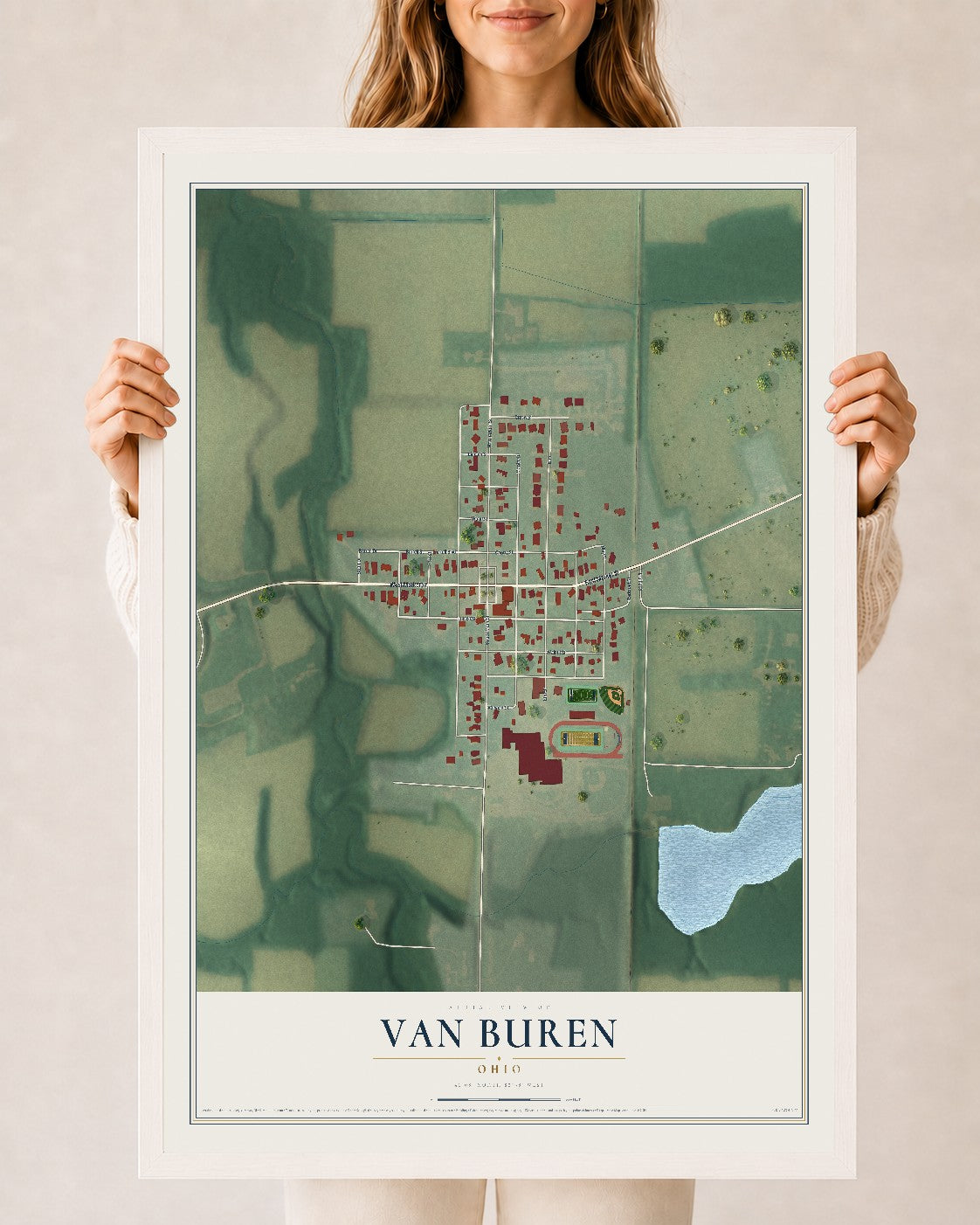 Map of Van Buren, Ohio, 24 x 36 inch print in a white wood frame