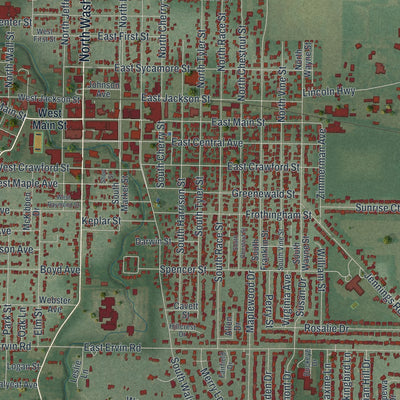 Close-up of the map of Van Wert, Ohio print showing street and building detail