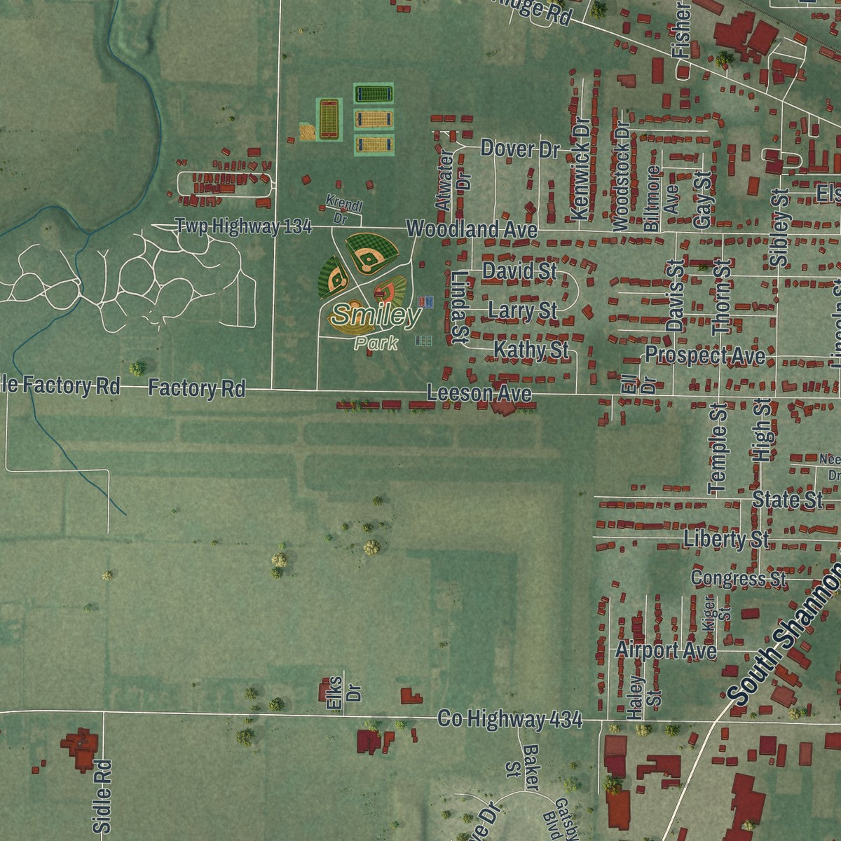 Second close-up of the map of Van Wert, Ohio print showing more streets and buildings