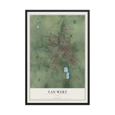 Map of Van Wert, Ohio, 12 x 18 inch print in a black wood frame