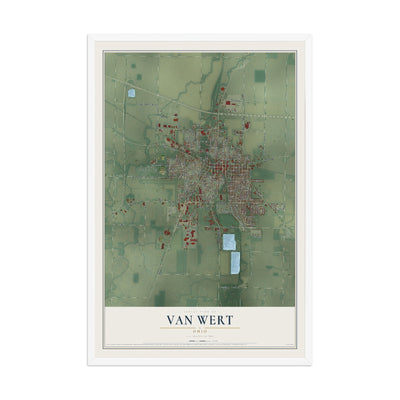 Map of Van Wert, Ohio, 12 x 18 inch print in a white wood frame
