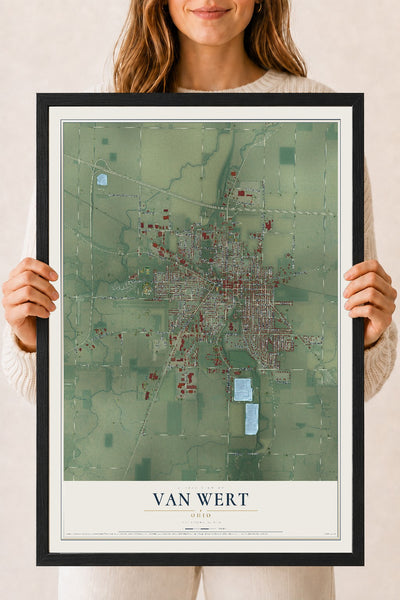 Map of Van Wert, Ohio, 18 x 24 inch print in a black wood frame