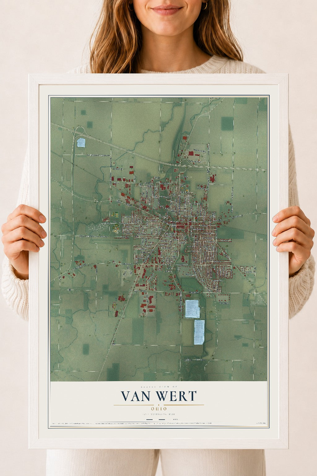Map of Van Wert, Ohio, 18 x 24 inch print in a white wood frame