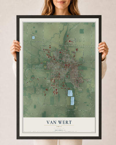 Map of Van Wert, Ohio, 24 x 36 inch print in a black wood frame