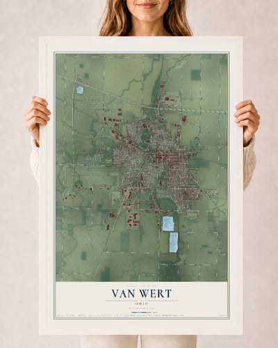 Map of Van Wert, Ohio, 24 x 36 inch print in a white wood frame