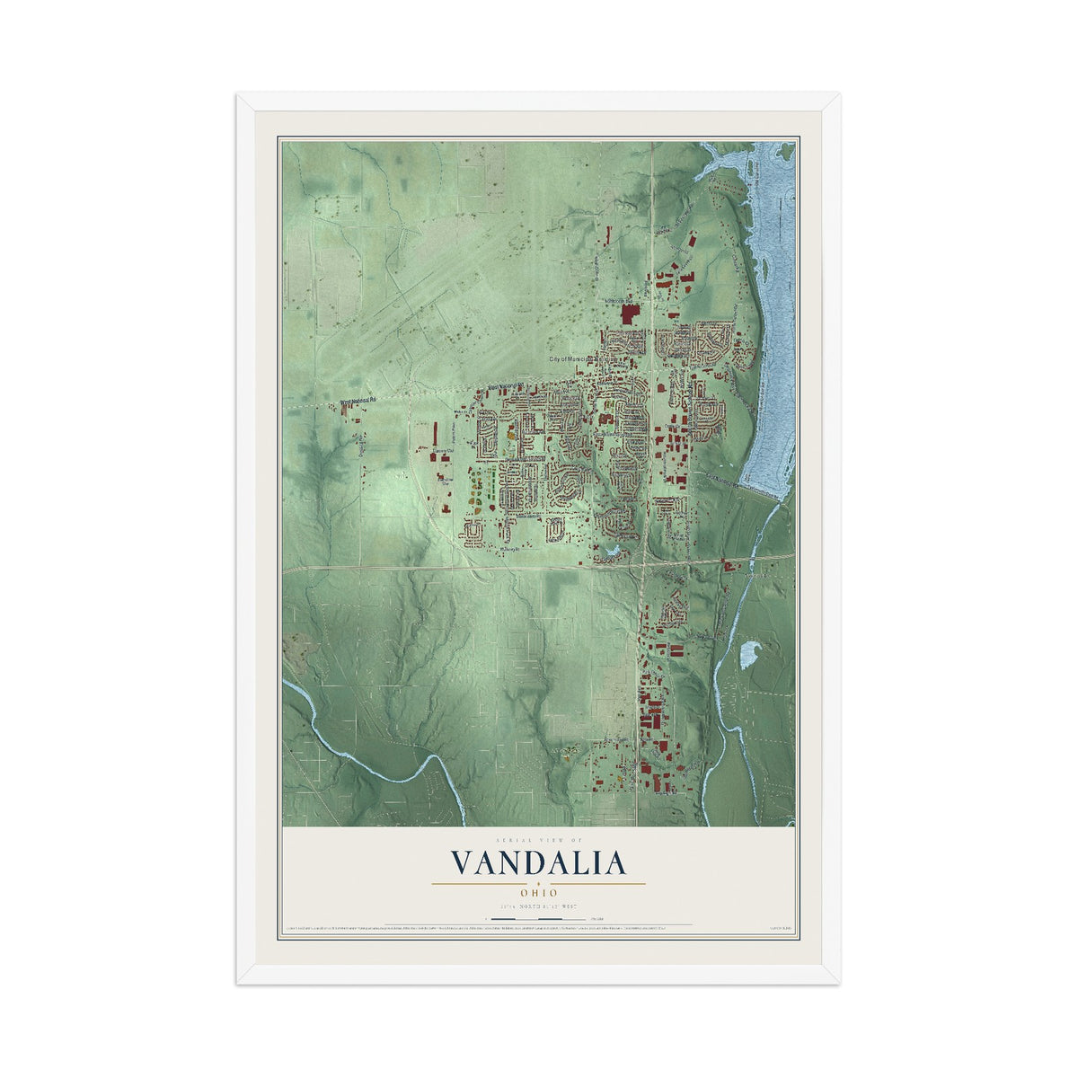Map of Vandalia, Ohio, 12 x 18 inch print in a white wood frame