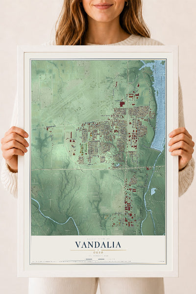 Map of Vandalia, Ohio, 18 x 24 inch print in a white wood frame